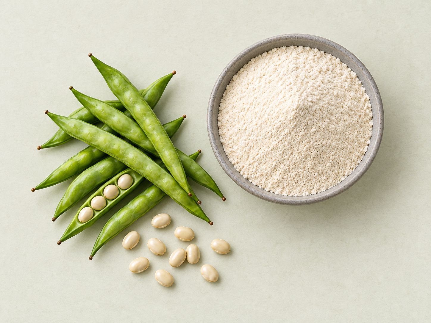 Representative bowl of guar gum powder with guar pods and seeds